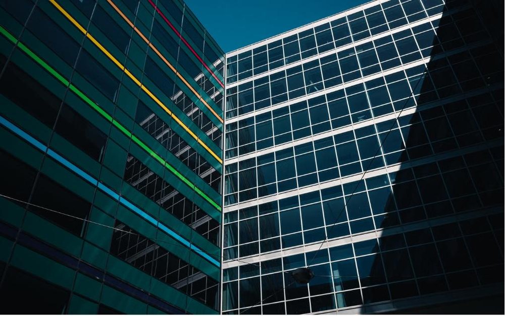 Modern glass commercial office buildings